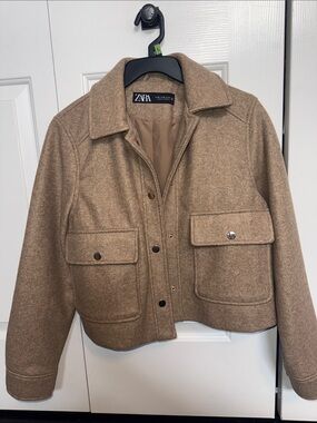 Zara Camel Cropped Wool-Blend Snap Jacket